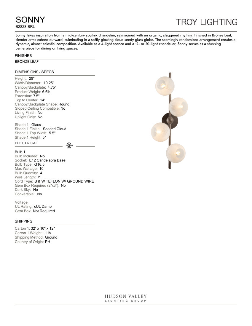 Troy Lighting B2828-BRL cut sheet — first page