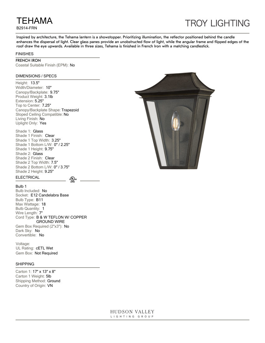 Troy Lighting B2914-FRN cut sheet — first page