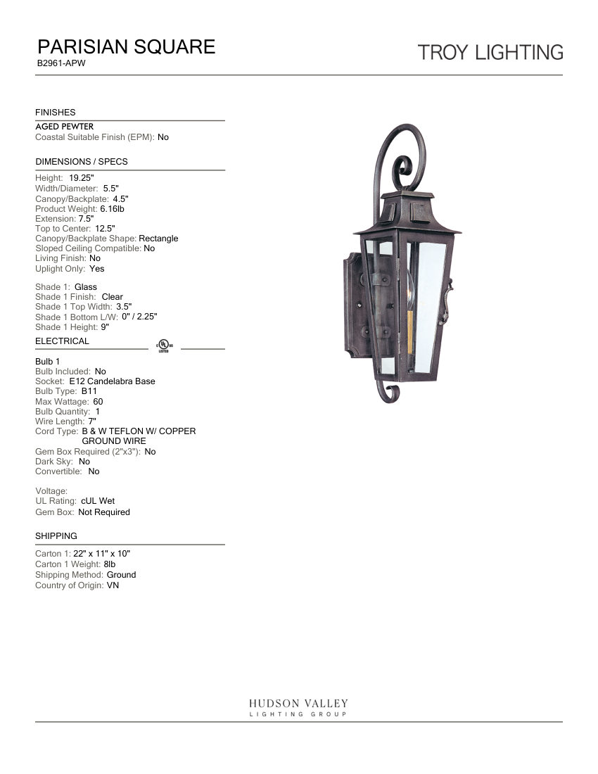 Troy Lighting B2961-APW cut sheet — first page