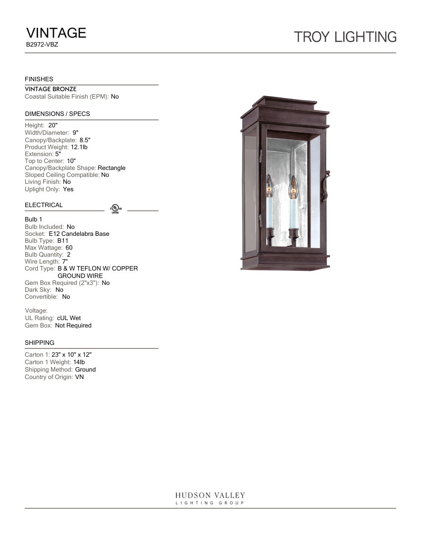 Troy Lighting B2972-VBZ cut sheet — first page