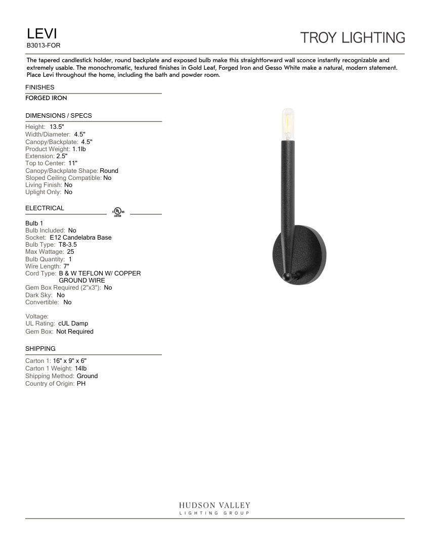 Troy Lighting B3013-FOR cut sheet — first page