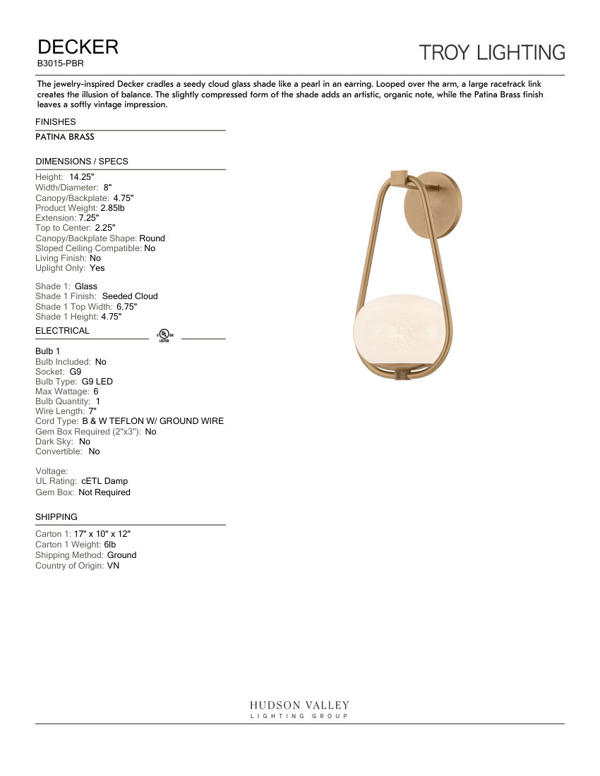 Troy Lighting B3015-PBR cut sheet — first page