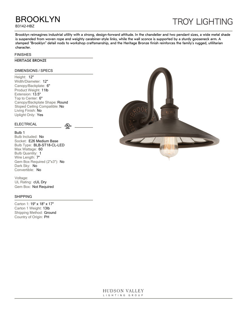 Troy Lighting B3142-HBZ cut sheet — first page