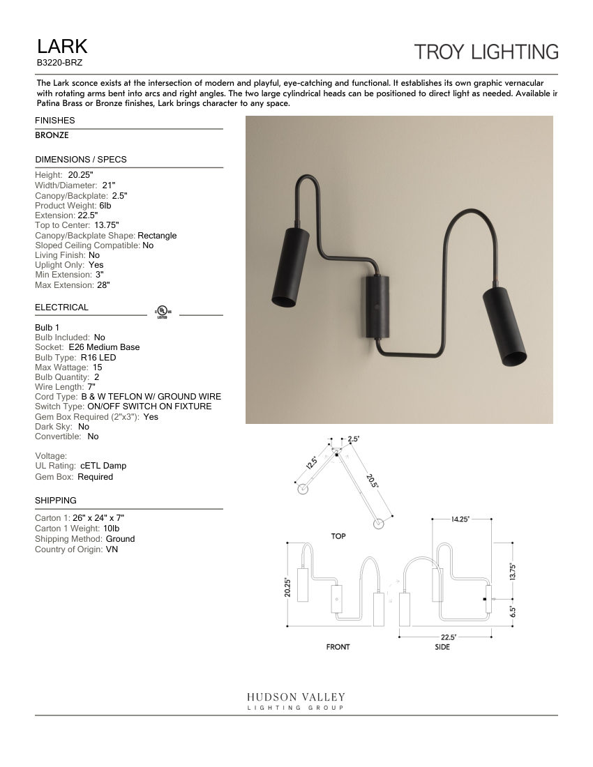 Troy Lighting B3220-BRZ cut sheet — first page
