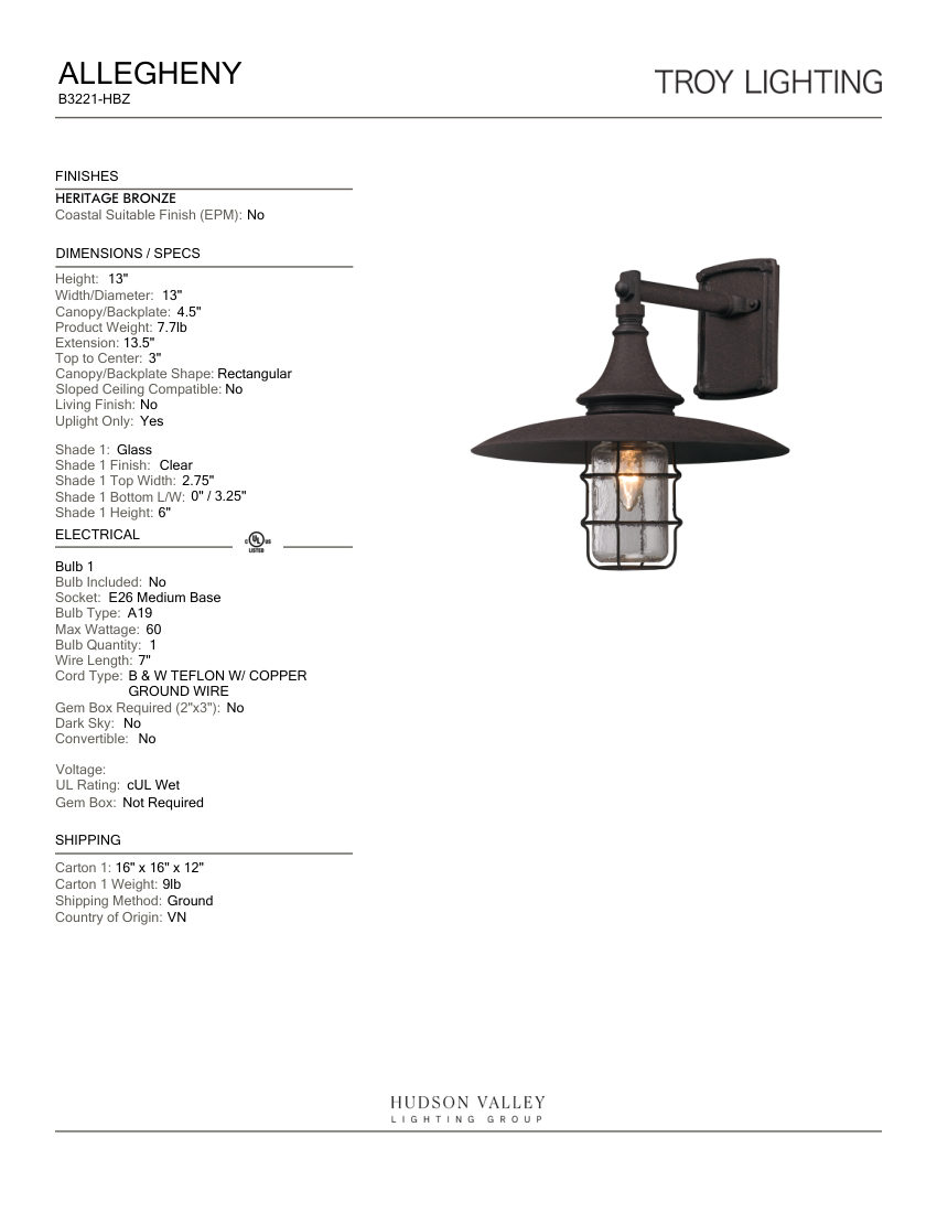 Troy Lighting B3221-HBZ cut sheet — first page