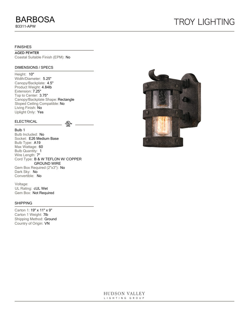 Troy Lighting B3311-APW cut sheet — first page