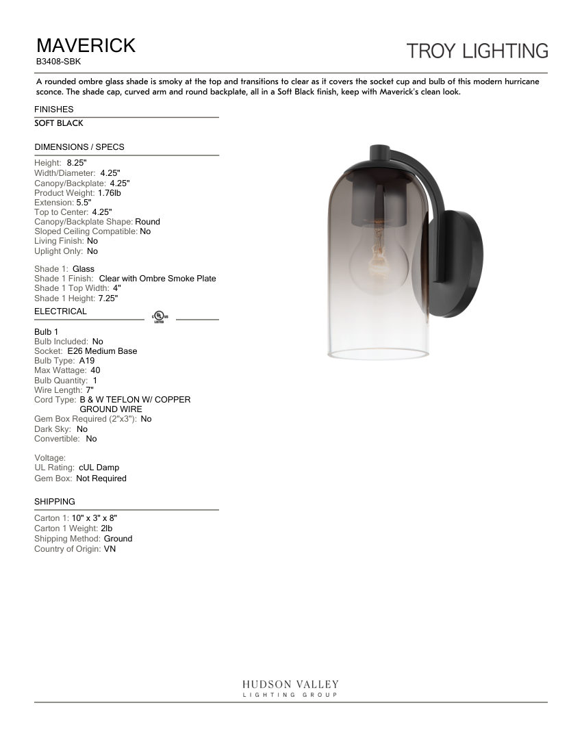 Troy Lighting B3408-SBK cut sheet — first page