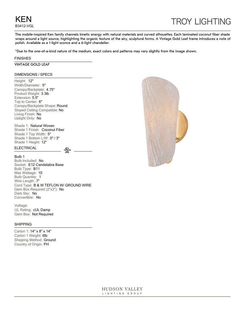 Troy Lighting B3412-VGL cut sheet — first page
