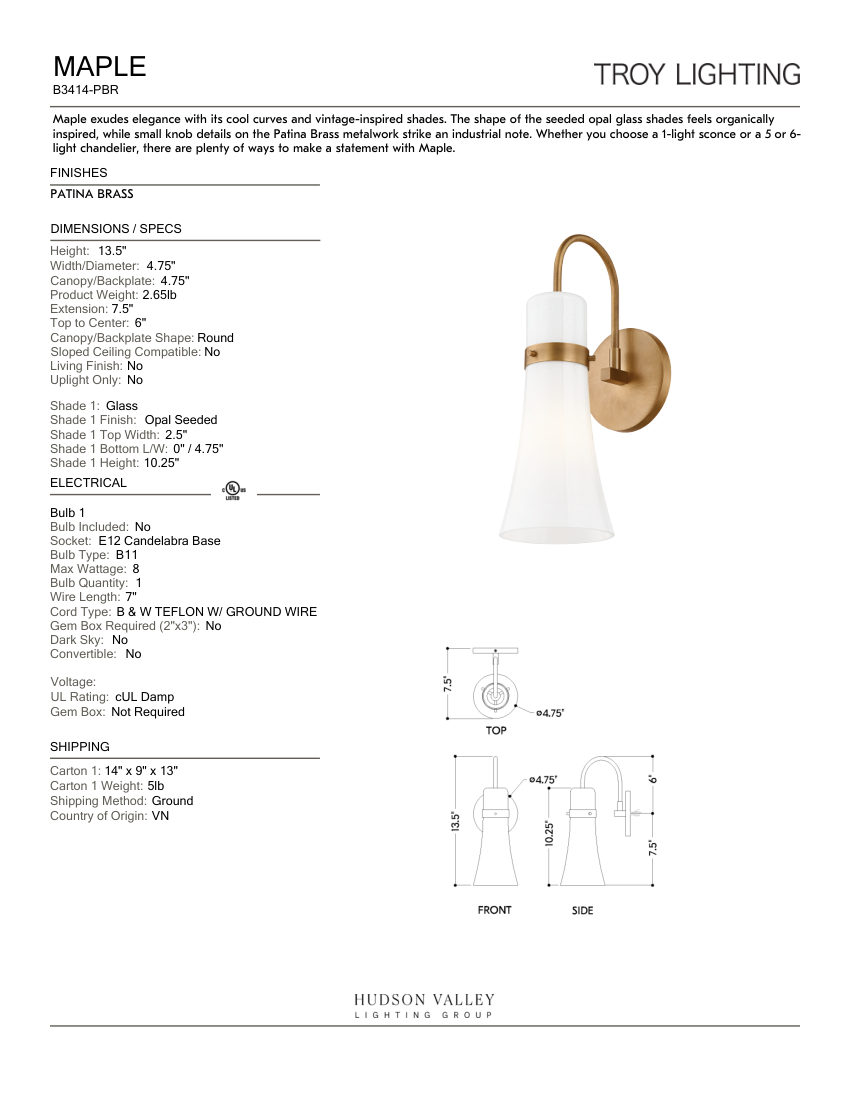 Troy Lighting B3414-PBR cut sheet — first page