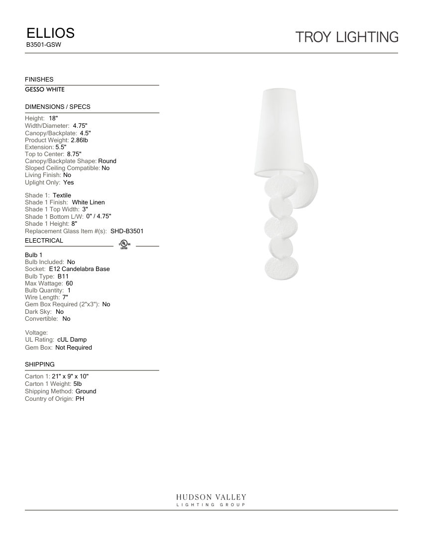 Troy Lighting B3501-GSW cut sheet — first page