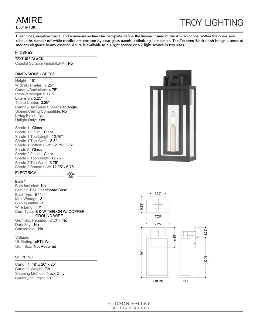 Troy Lighting B3616-TBK cut sheet — first page