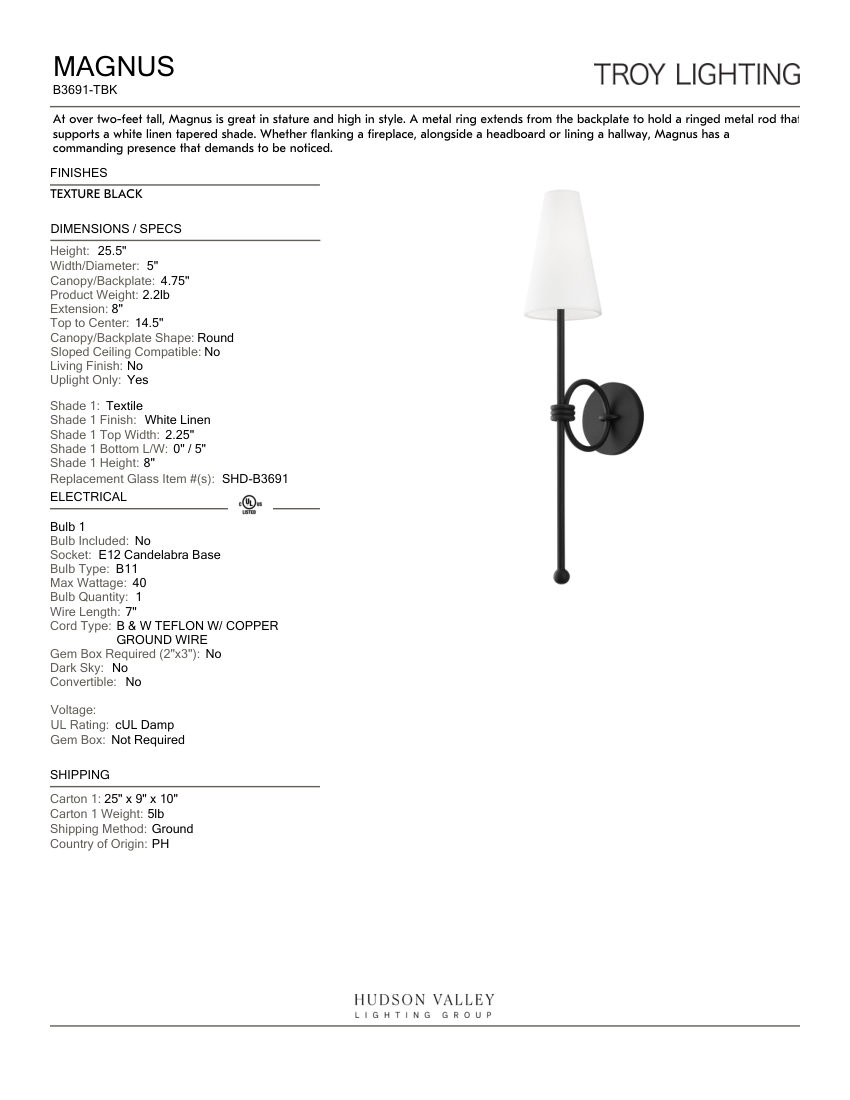 Troy Lighting B3691-TBK cut sheet — first page