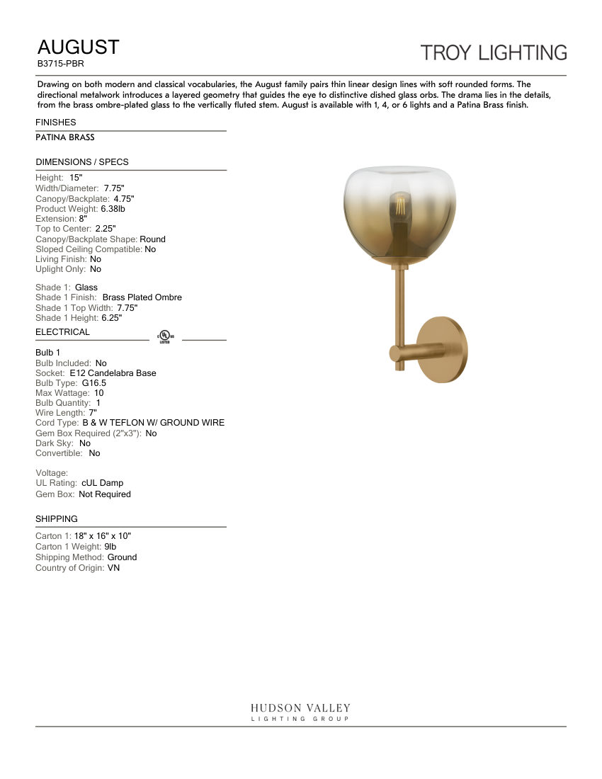 Troy Lighting B3715-PBR cut sheet — first page