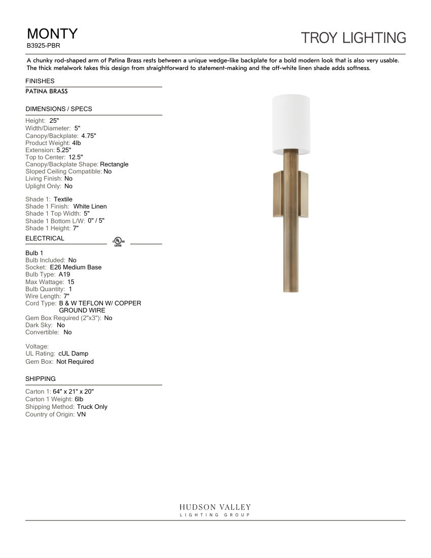 Troy Lighting B3925-PBR cut sheet — first page
