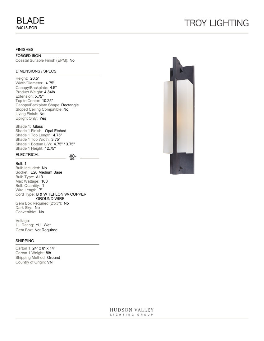 Troy Lighting B4015-FOR cut sheet — first page