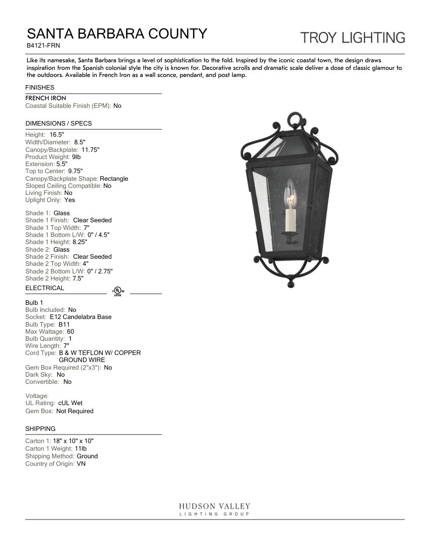 Troy Lighting B4121-FRN cut sheet — first page
