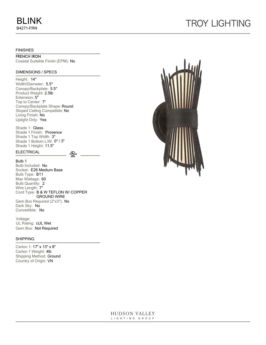 Troy Lighting B4271-FRN cut sheet — first page