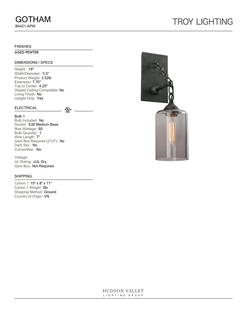 Troy Lighting B4421-APW cut sheet — first page