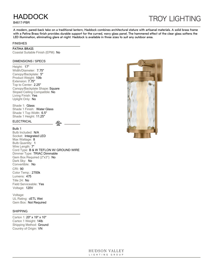Troy Lighting B4617-PBR cut sheet — first page