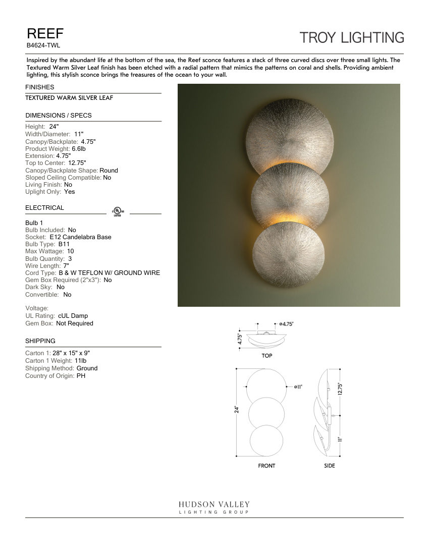 Troy Lighting B4624-TWL cut sheet — first page