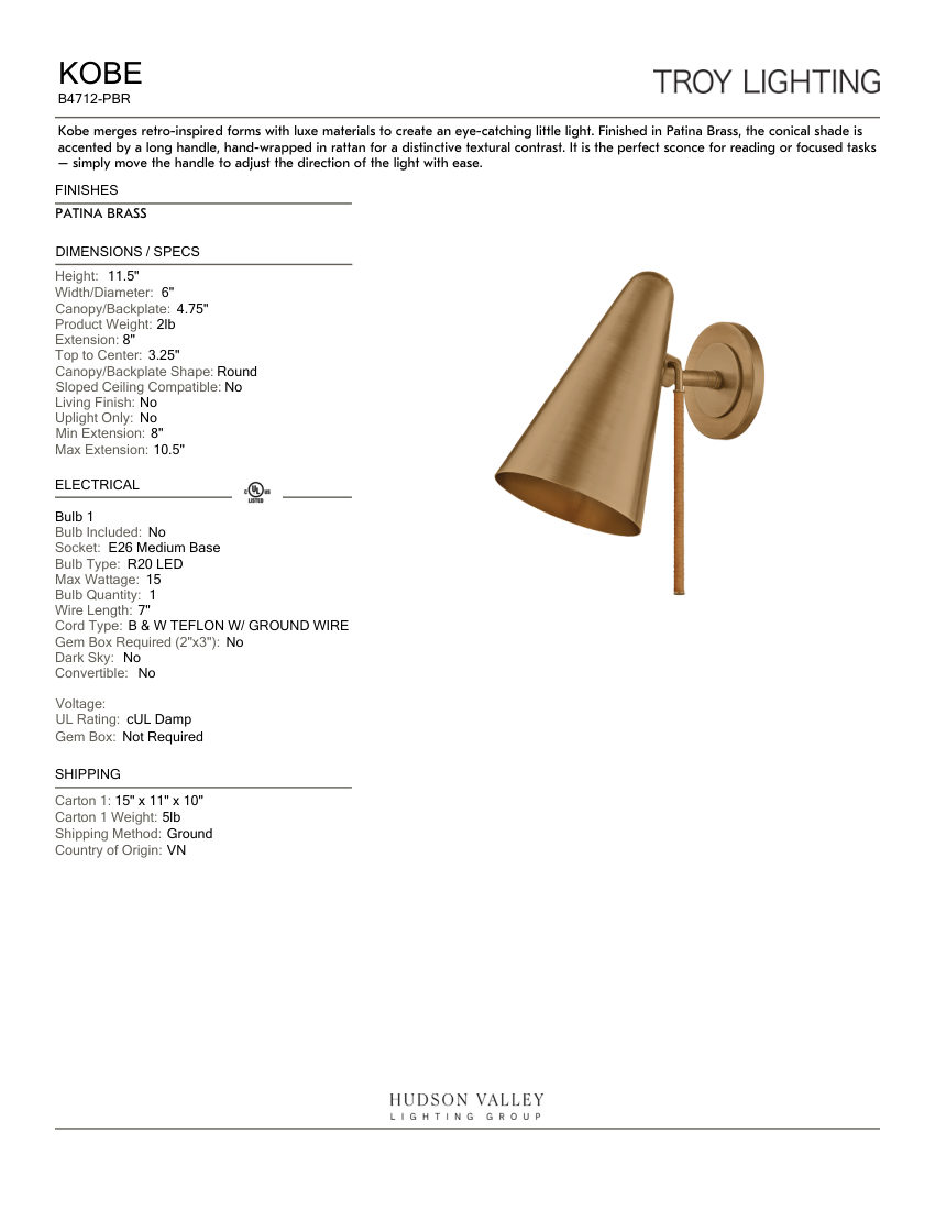 Troy Lighting B4712-PBR cut sheet — first page