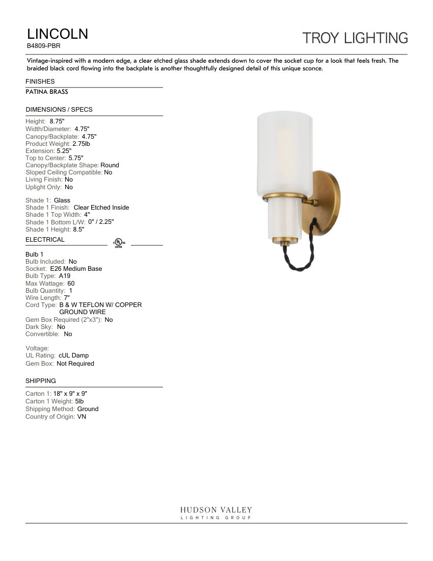 Troy Lighting B4809-PBR cut sheet — first page