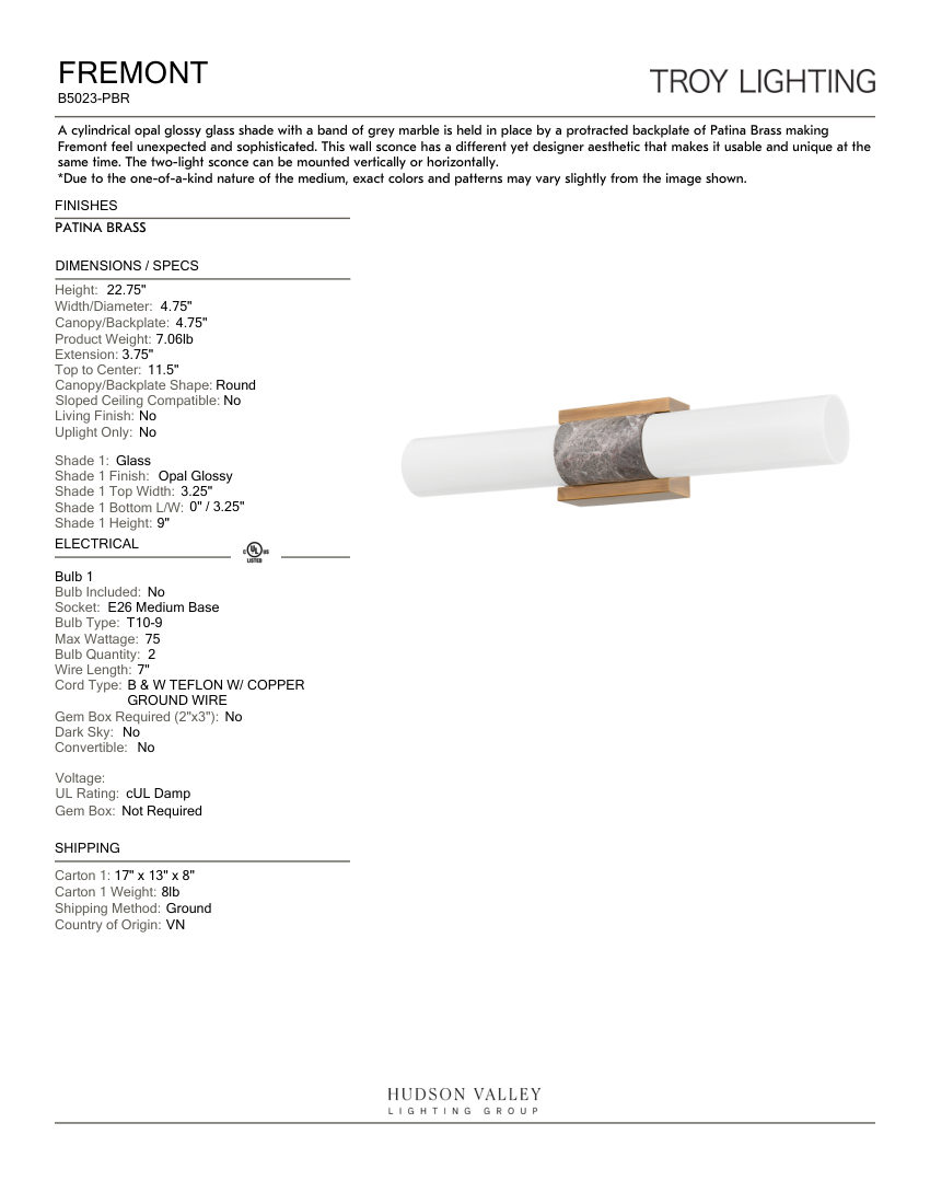Troy Lighting B5023-PBR cut sheet — first page
