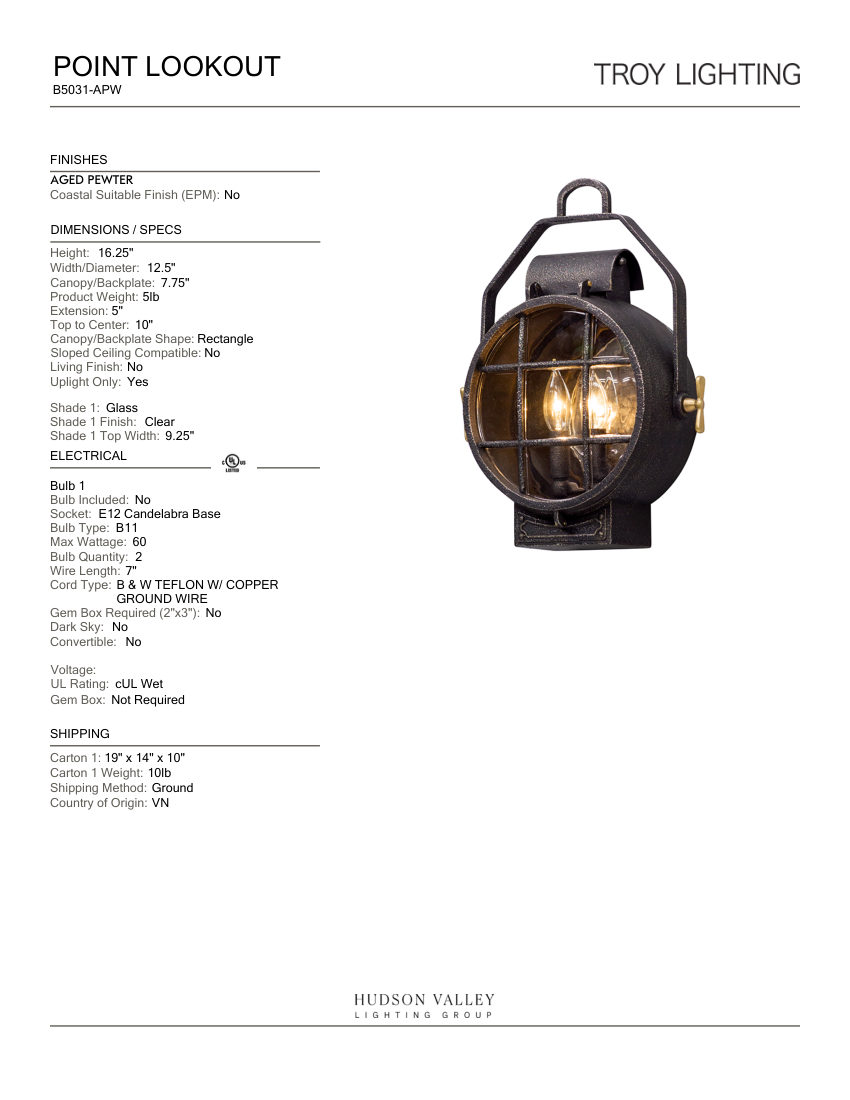 Troy Lighting B5031-APW cut sheet — first page