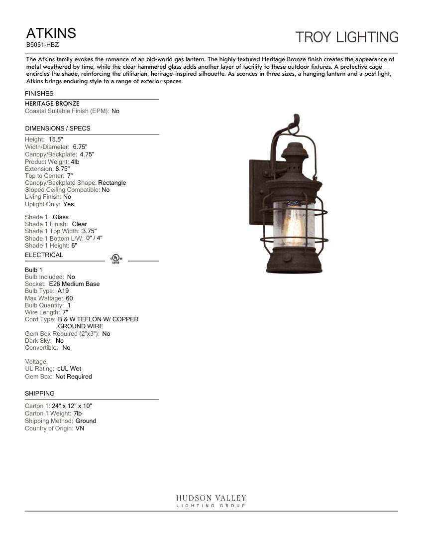 Troy Lighting B5051-HBZ cut sheet — first page