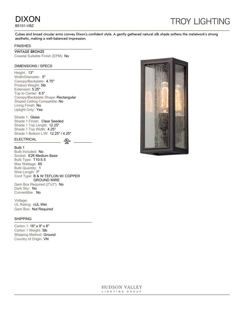 Troy Lighting B5101-VBZ cut sheet — first page