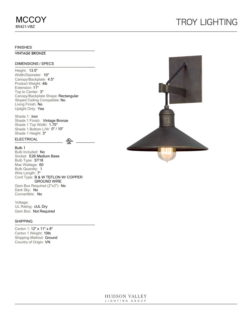Troy Lighting B5421-VBZ cut sheet — first page