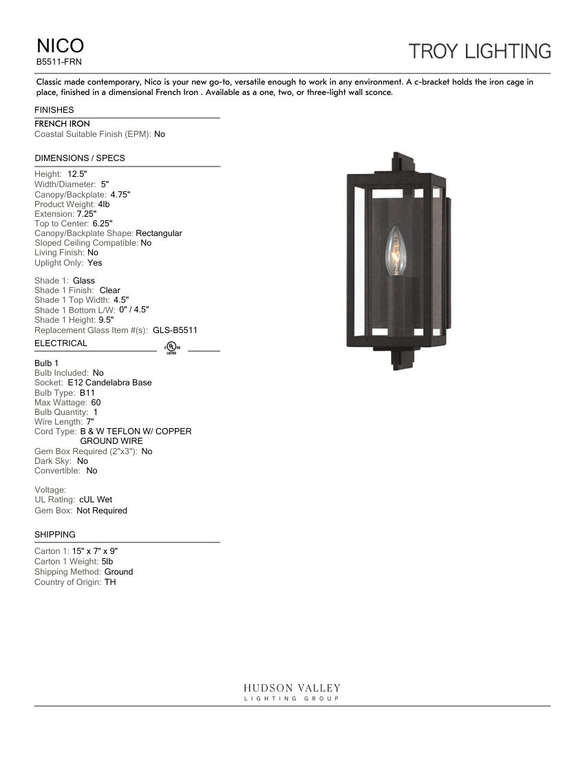 Troy Lighting B5511-FRN cut sheet — first page