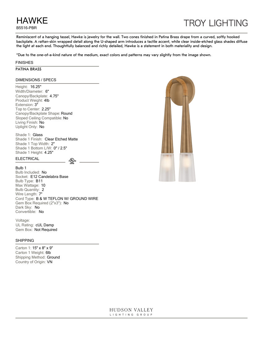 Troy Lighting B5516-PBR cut sheet — first page