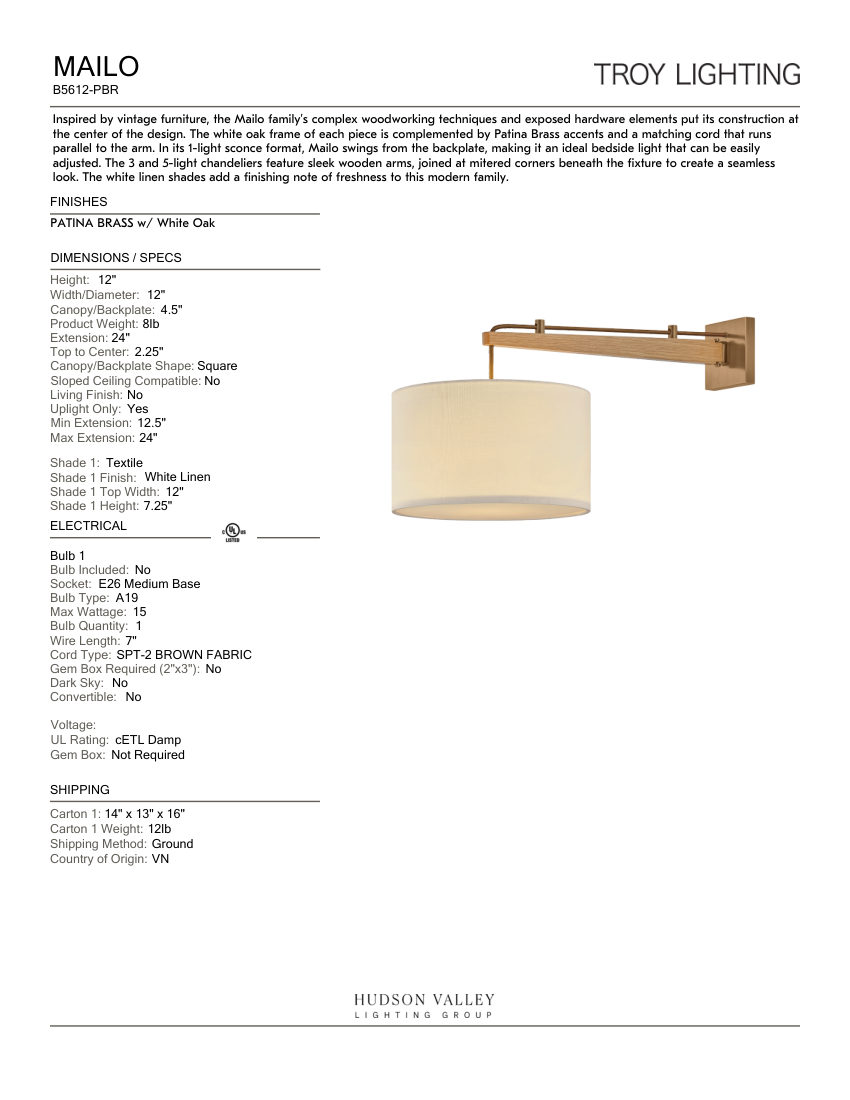 Troy Lighting B5612-PBR cut sheet — first page