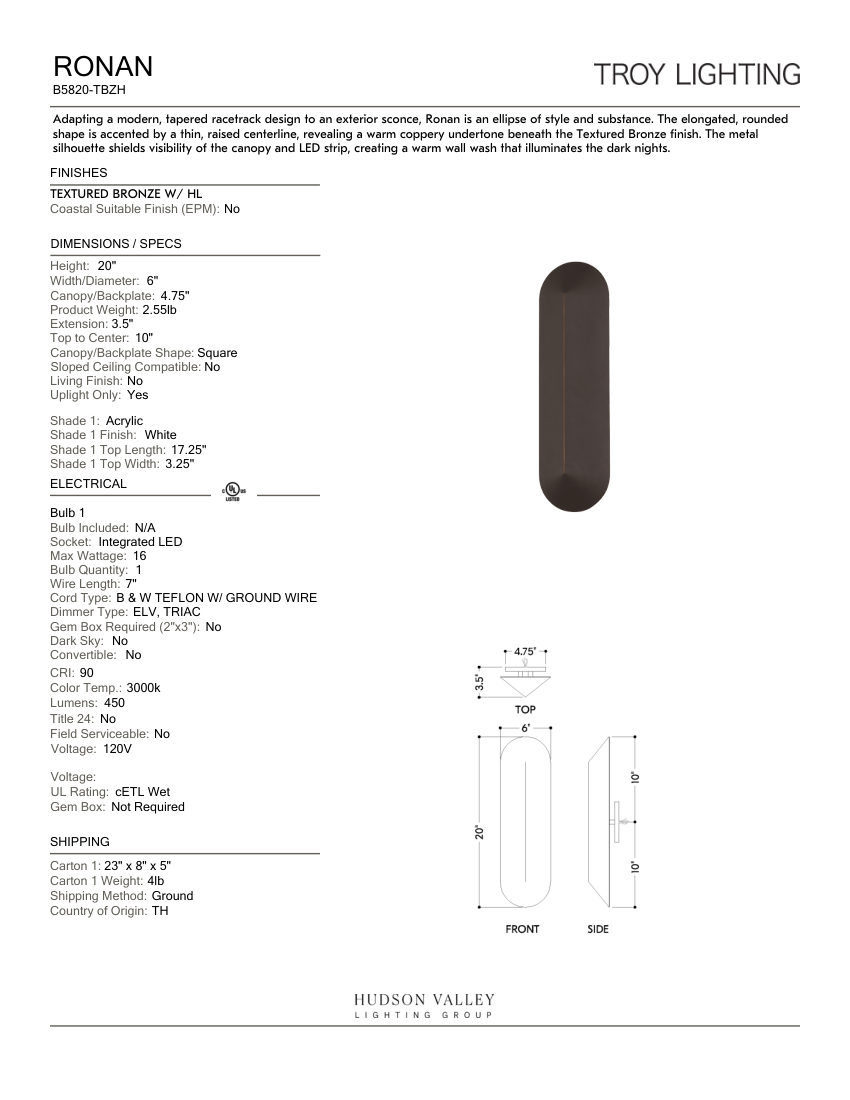 Troy Lighting B5820-TBZH cut sheet — first page