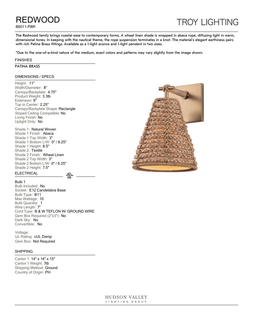 Troy Lighting B6011-PBR cut sheet — first page