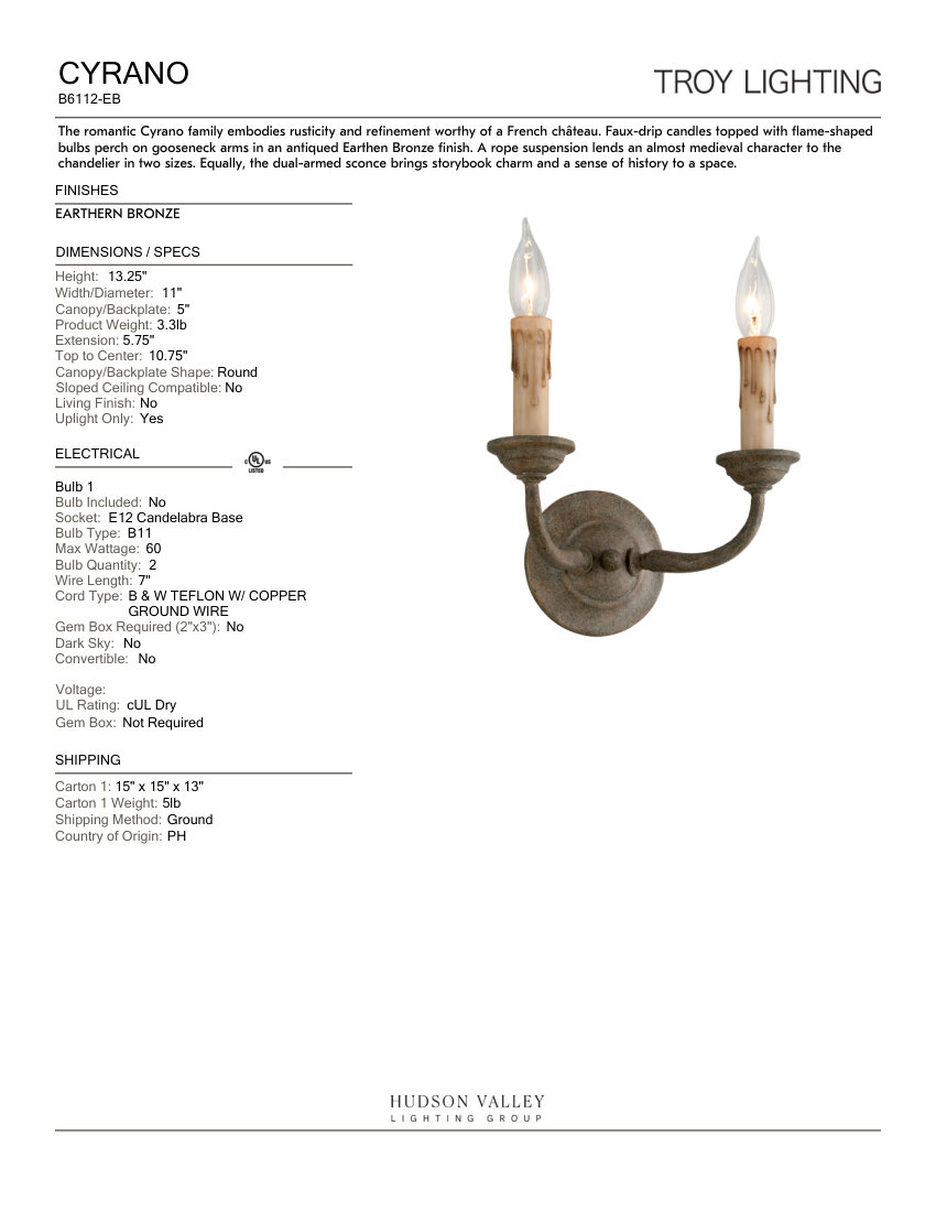 Troy Lighting B6112-EB cut sheet — first page
