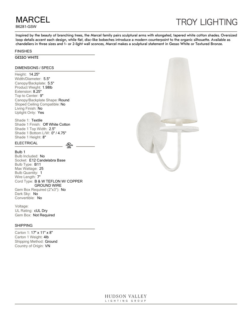 Troy Lighting B6281-GSW cut sheet — first page