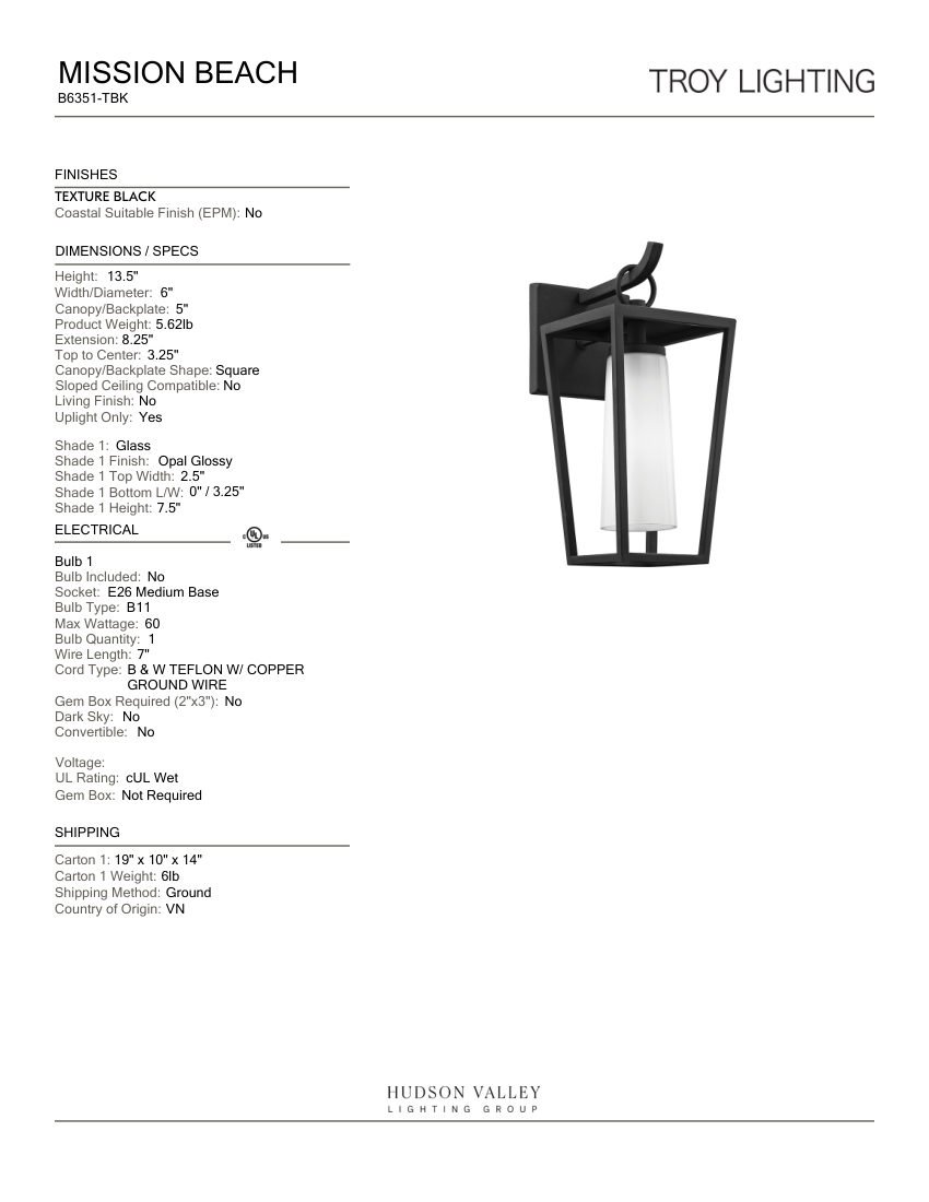 Troy Lighting B6351-TBK cut sheet — first page
