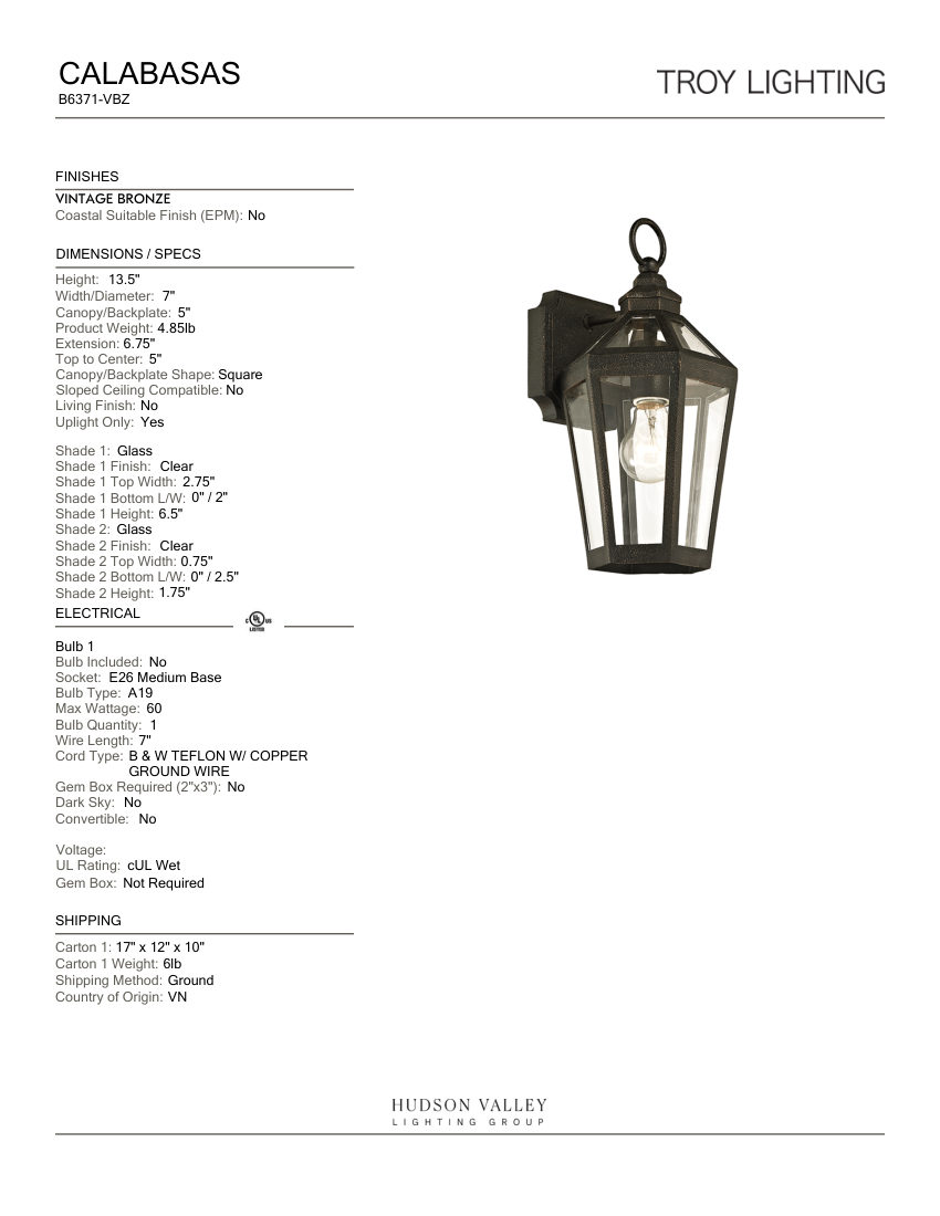 Troy Lighting B6371-VBZ cut sheet — first page