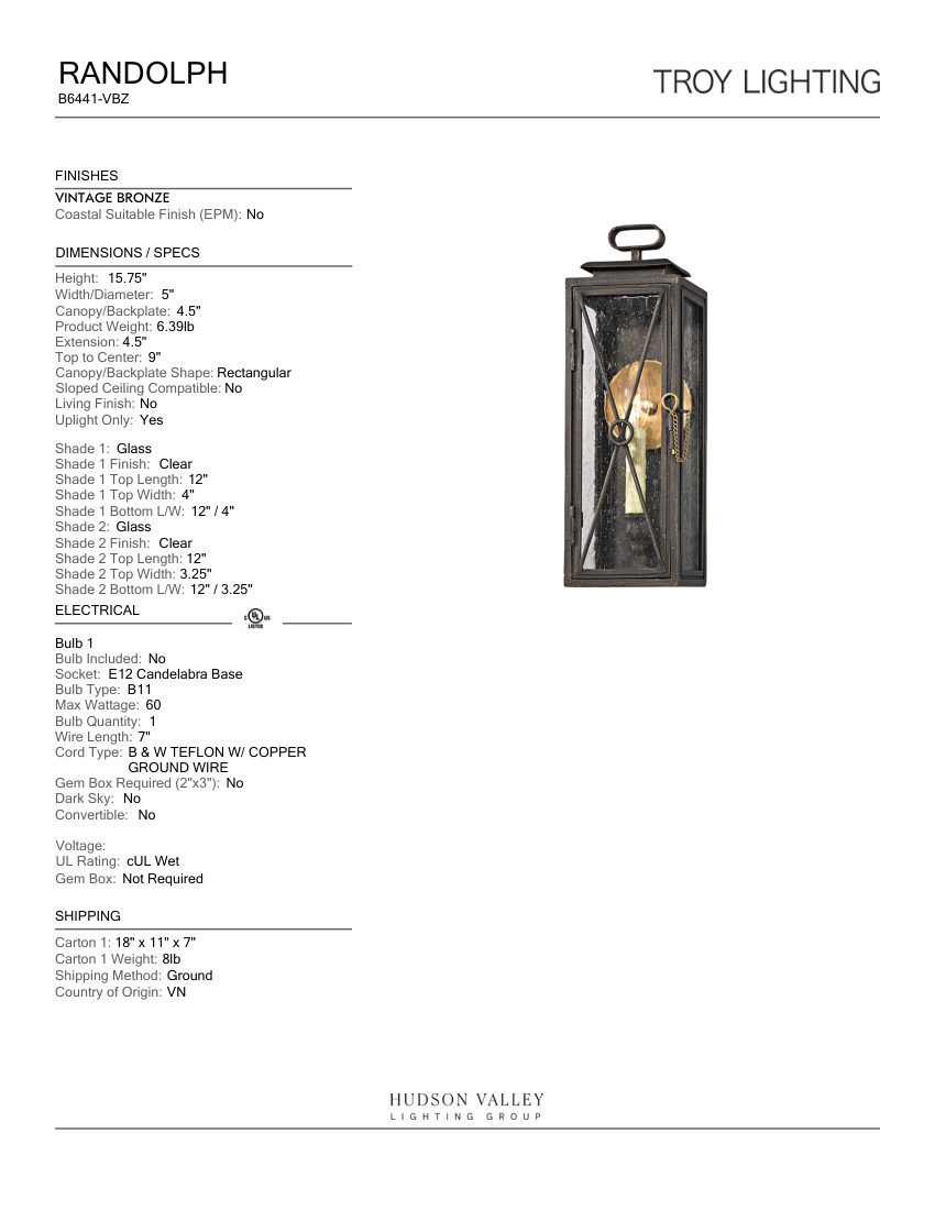 Troy Lighting B6441-VBZ cut sheet — first page