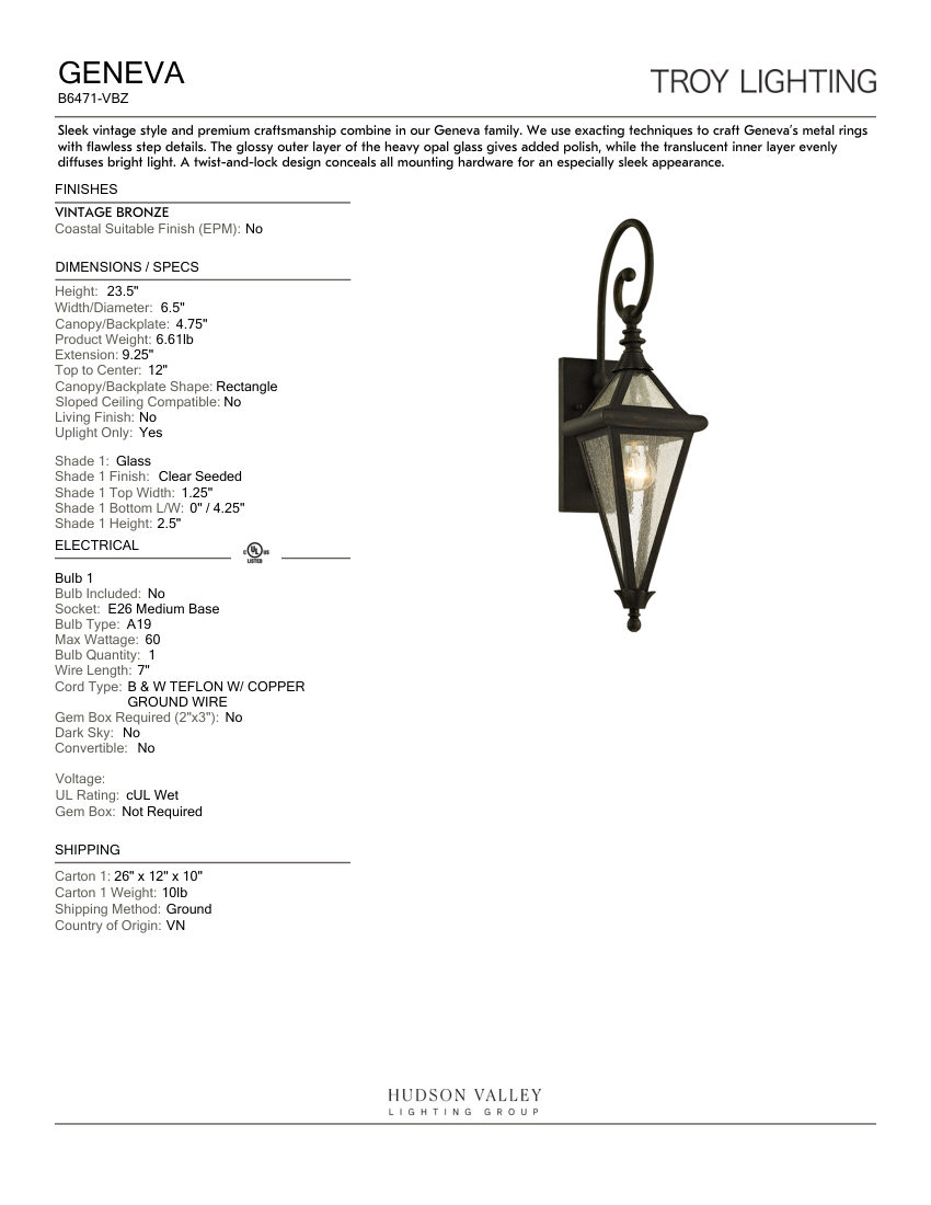 Troy Lighting B6471-VBZ cut sheet — first page