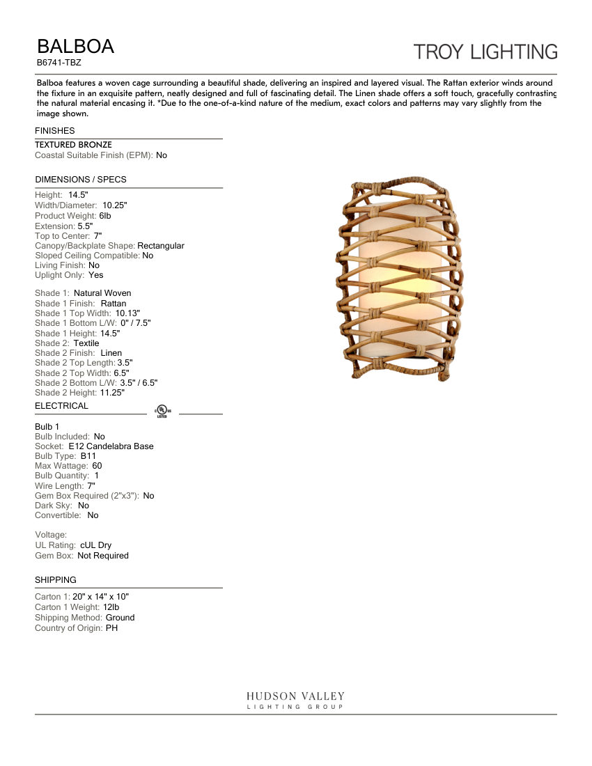 Troy Lighting B6741-TBZ cut sheet — first page