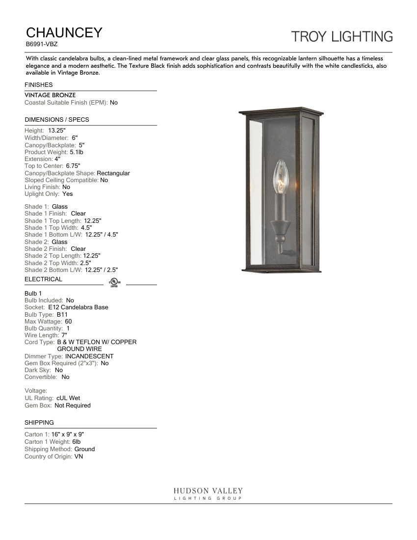 Troy Lighting B6991-VBZ cut sheet — first page
