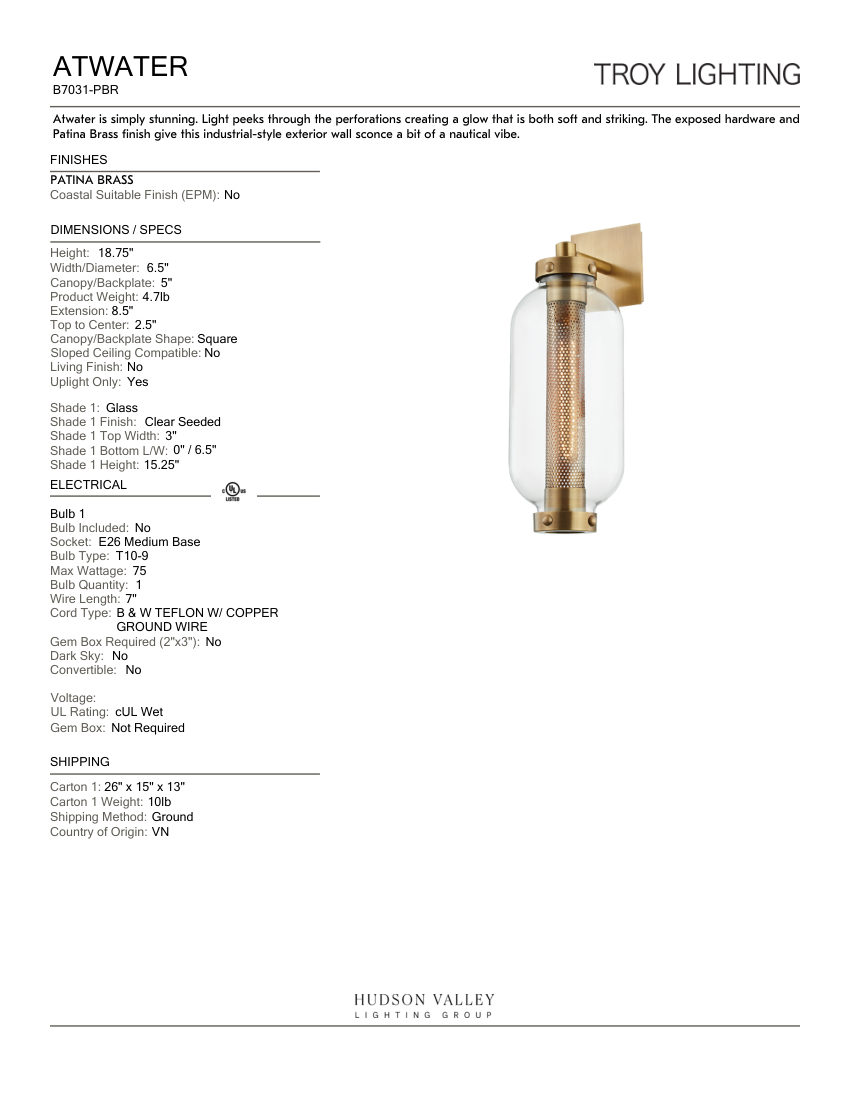 Troy Lighting B7031-PBR cut sheet — first page