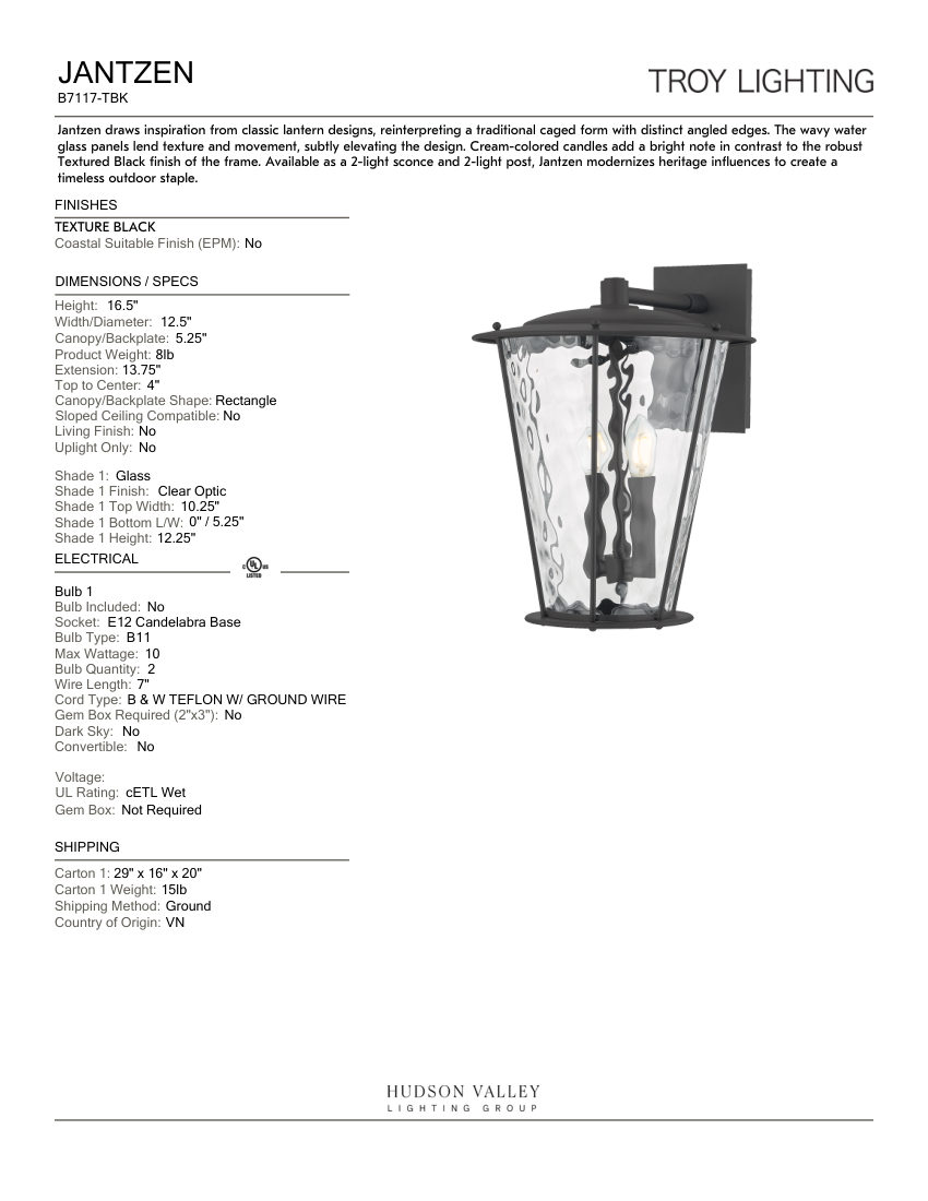 Troy Lighting B7117-TBK cut sheet — first page