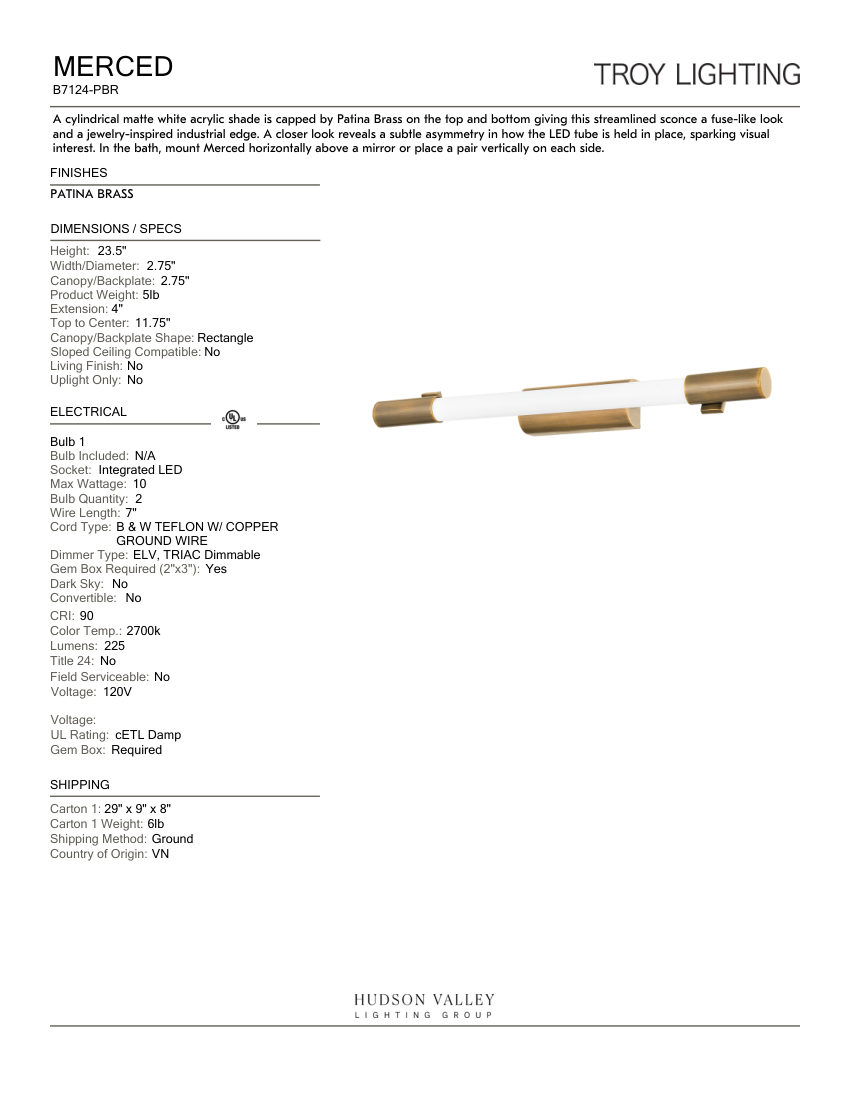 Troy Lighting B7124-PBR cut sheet — first page
