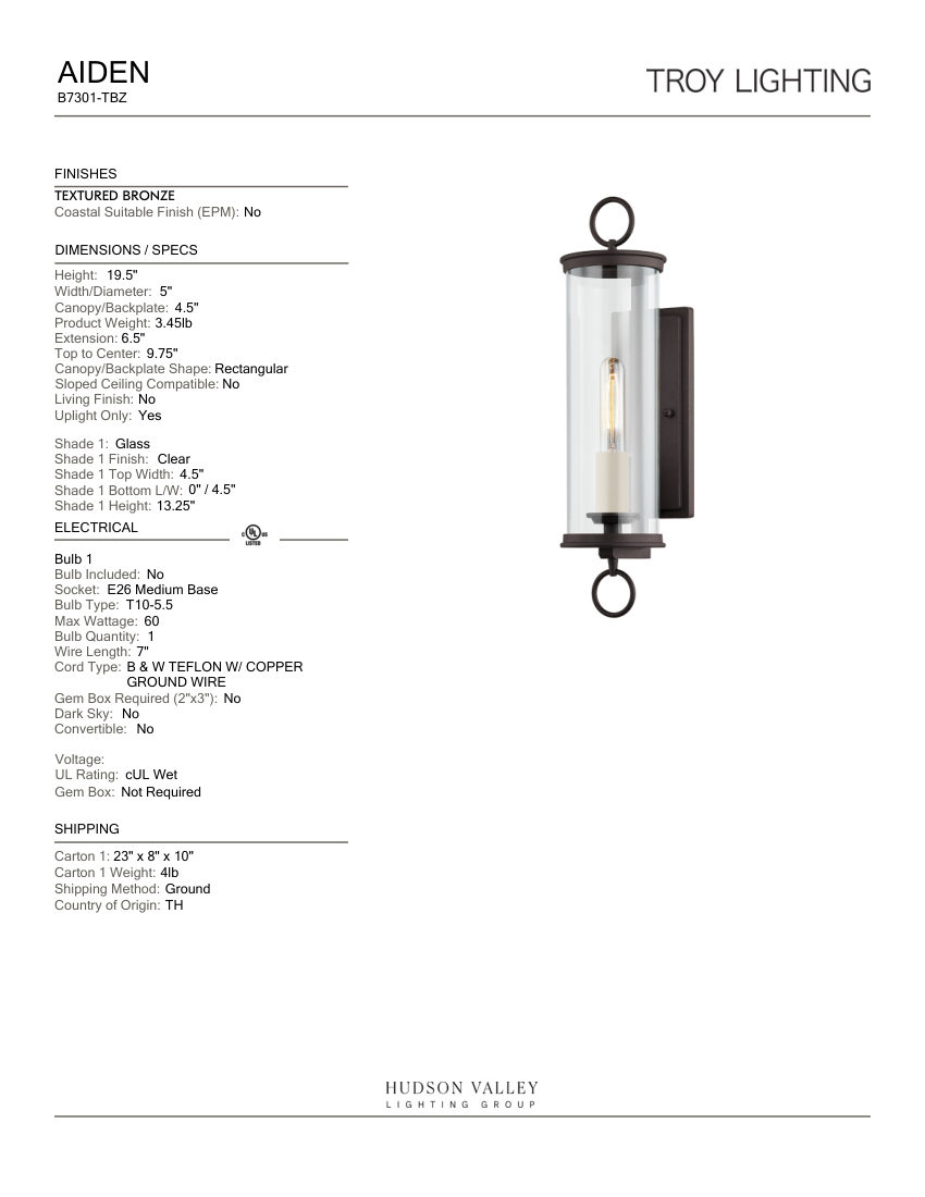 Troy Lighting B7301-TBZ cut sheet — first page