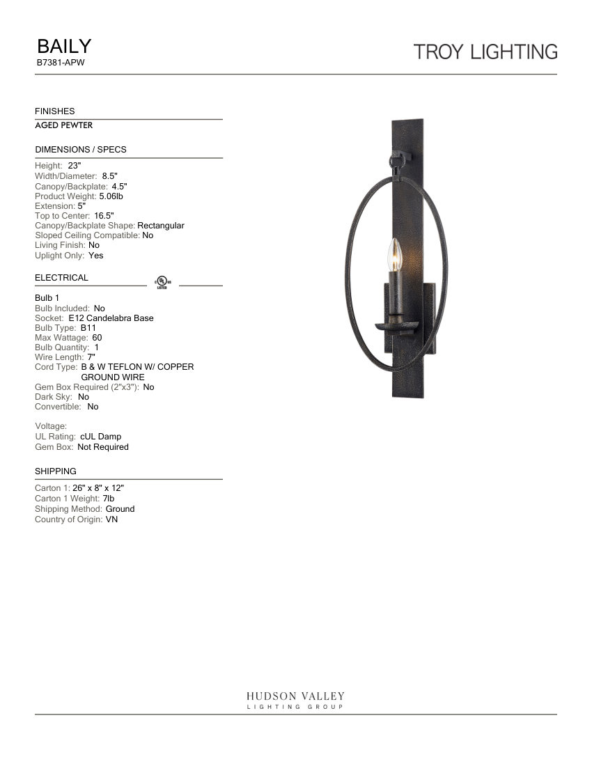 Troy Lighting B7381-APW cut sheet — first page