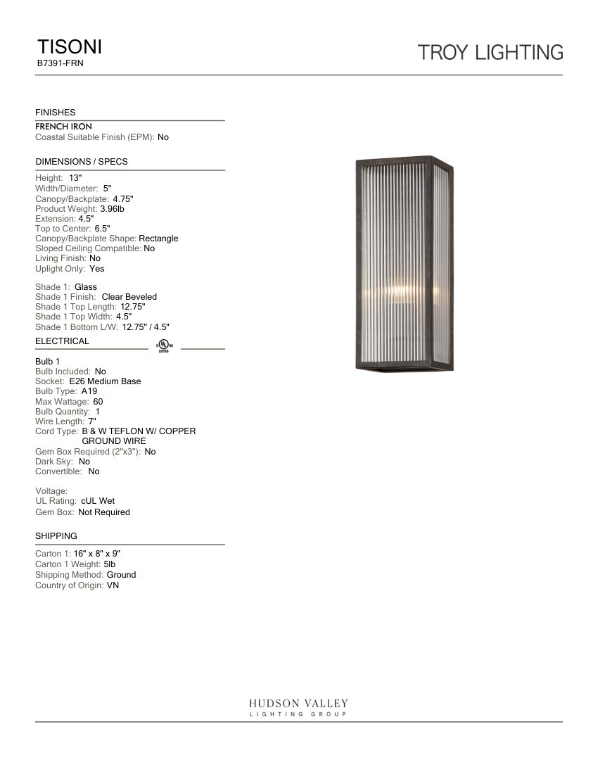 Troy Lighting B7391-FRN cut sheet — first page